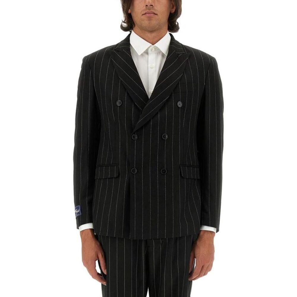 FAMILY FIRST Men's Pinstripe Double-Breasted Peak Lapel Blazer Men BLACK